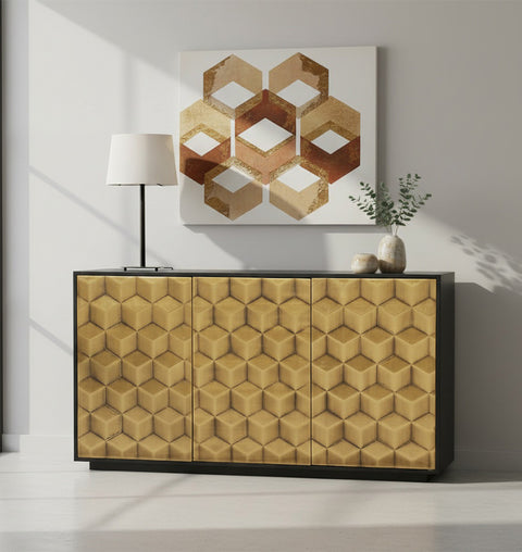 Geometric Brass-Fitted Wooden Sideboard – 3-Door Storage