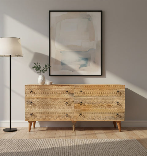 Hand-Carved Solid Wood Chest of 6 Drawers Intricate Tribal Patterns - Simply Home