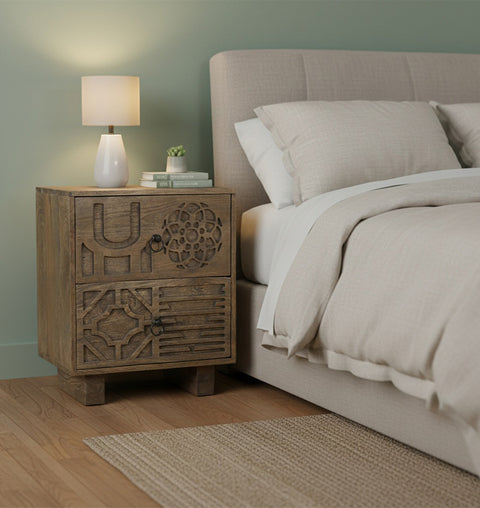 Boho Chic Wooden 2 Drawer Bedside Ornate Carving & Storage - Simply Home