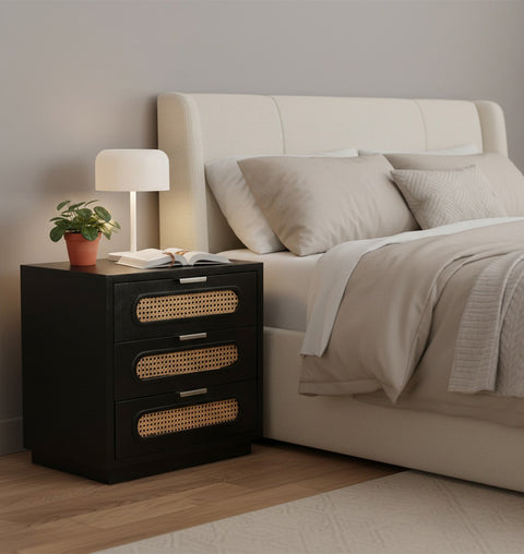 Verona Wooden Cane Black Bedside Table with 3 Drawers - Simply Home