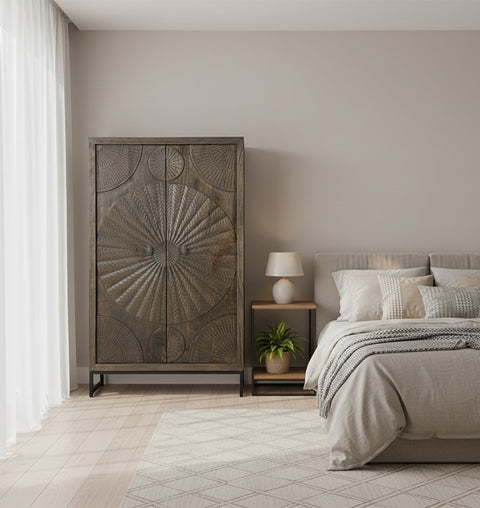 Olive Grey Wooden Carved 2 Door Almirah - Simply Home