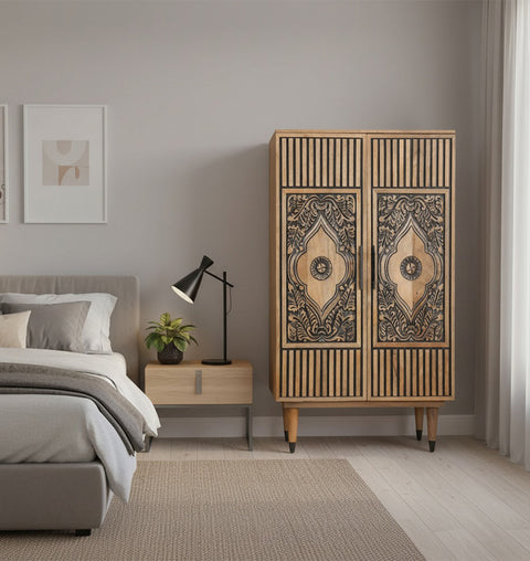 Wooden Carved 2 Door Almirah - Simply Home