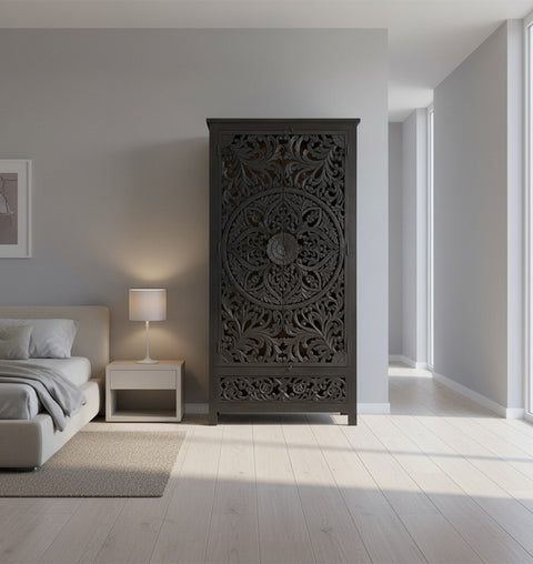 Wooden Carved Single Drawer 2 Door Almirah - Simply Home