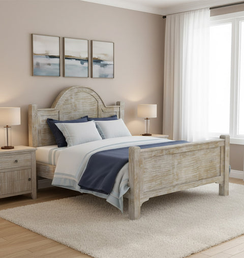 Distressed Wooden Bed with Arched Headboard