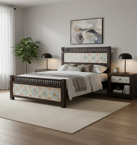 Ornate Blossom Solid Wood King Bed with Intricate Tile Design