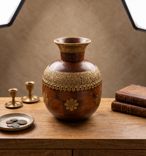 Rajvansh Handcrafted Wooden Brass Pot