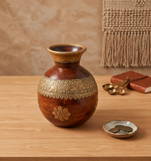 Rajvansh Handcrafted Wooden Brass Pot
