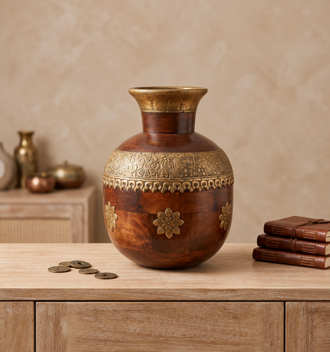Rajvansh Handcrafted Wooden Brass Pot