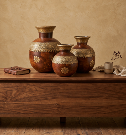 Rajvansh Handcrafted Wooden Brass Pot