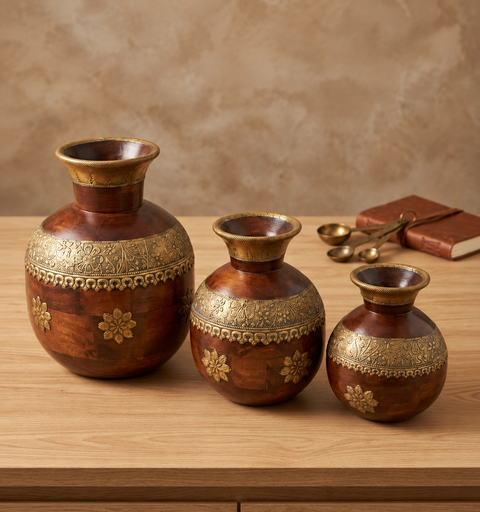 Rajvansh Handcrafted Wooden Brass Pot