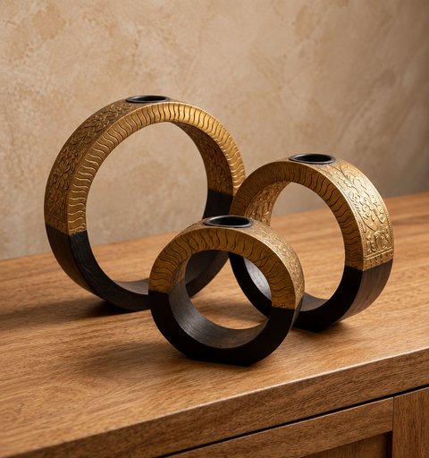 Viraasat Wooden Brass Candle Stand Set of 3