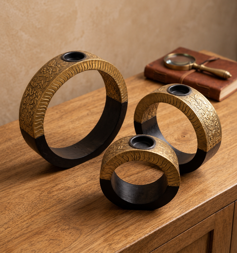 Viraasat Wooden Brass Candle Stand Set of 3