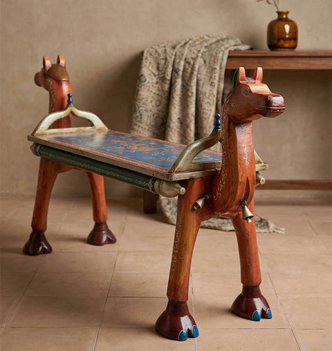 Handcrafted Camel Head Wooden Bench with Ambrose Art Finish