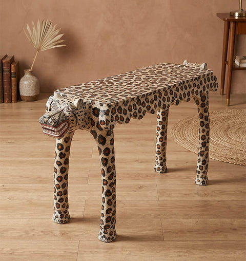 Handcrafted Leopard Head Wooden Bench with Crackle Finish