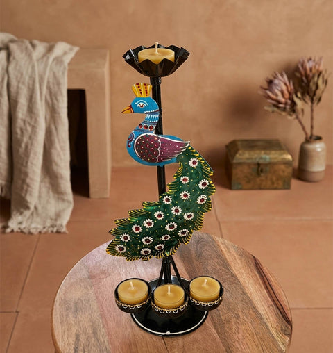 Handcrafted Peacock Iron Candle Stand with Hand-Painted Detailing