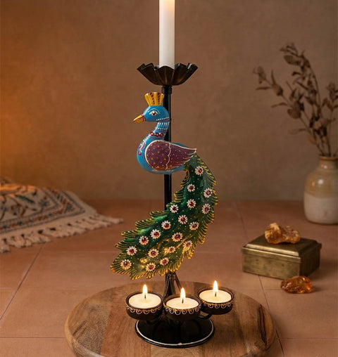 Handcrafted Peacock Iron Candle Stand with Hand-Painted Detailing