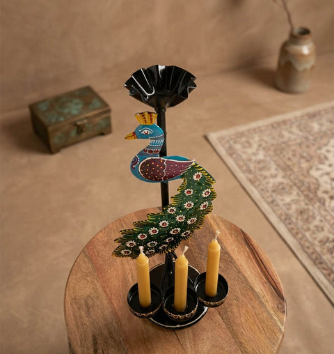 Handcrafted Peacock Iron Candle Stand with Hand-Painted Detailing