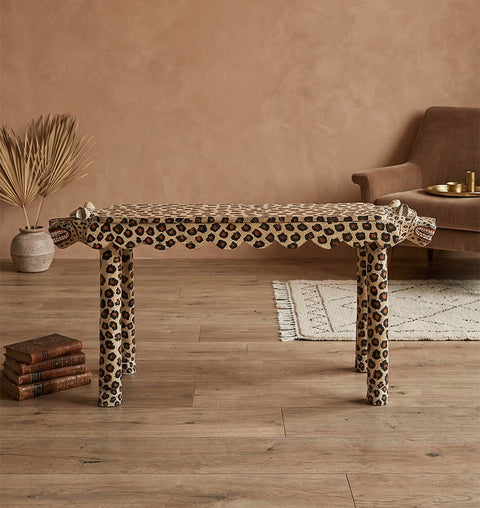 Handcrafted Leopard Head Wooden Bench with Crackle Finish