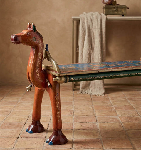 Handcrafted Camel Head Wooden Bench with Ambrose Art Finish