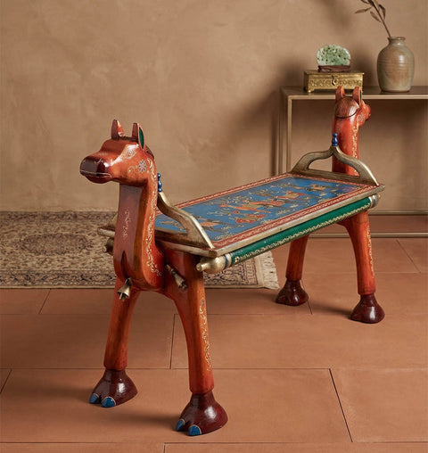 Handcrafted Camel Head Wooden Bench with Ambrose Art Finish