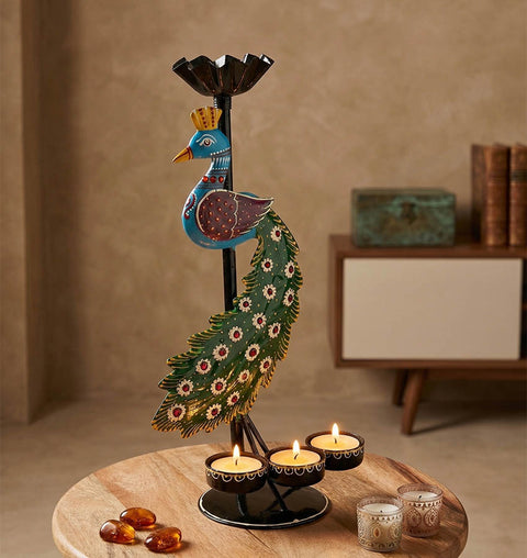 Handcrafted Peacock Iron Candle Stand with Hand-Painted Detailing
