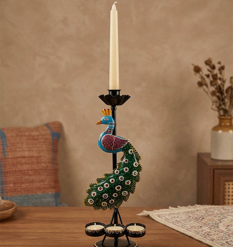 Handcrafted Peacock Iron Candle Stand with Hand-Painted Detailing