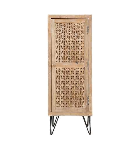 Hand-Carved Wooden Single Door Tall Cabinet with Intricate Lattice Design - Simply Home