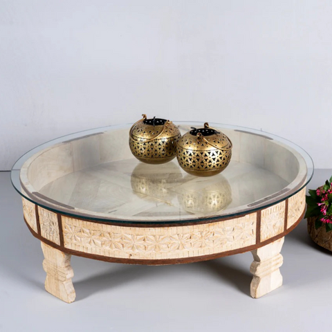 Indian Chakki Coffee Table with Glass Top