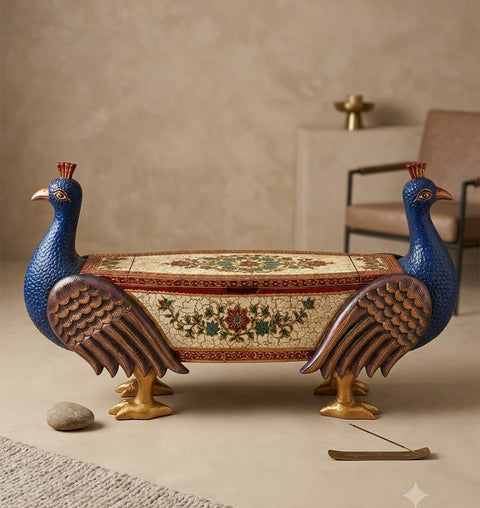 Mayura Hand-Painted Wooden Peacock Storage Bench