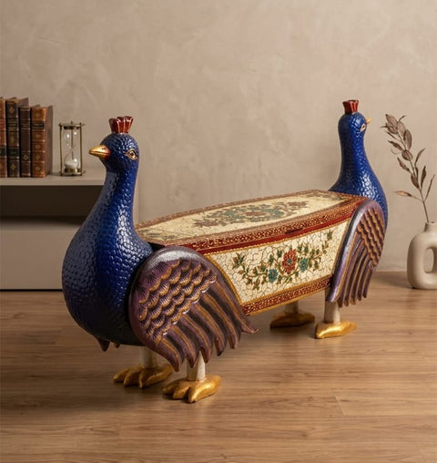Mayura Hand-Painted Wooden Peacock Storage Bench