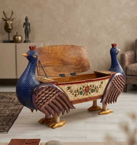 Mayura Hand-Painted Wooden Peacock Storage Bench