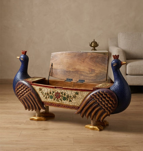 Mayura Hand-Painted Wooden Peacock Storage Bench
