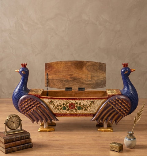 Mayura Hand-Painted Wooden Peacock Storage Bench