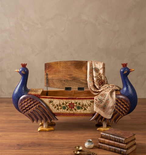 Mayura Hand-Painted Wooden Peacock Storage Bench