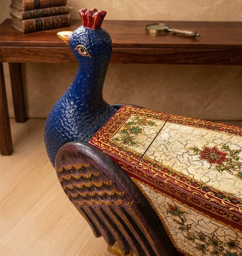 Mayura Hand-Painted Wooden Peacock Storage Bench