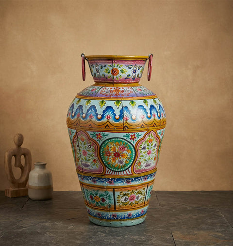 Handpainted Iron Folk Art Planter with Traditional Indian Motifs