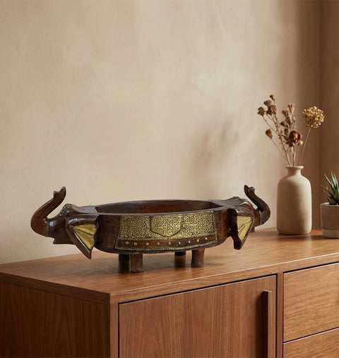 Double Headed Wooden & Brass Handcrafted Elephant Tray