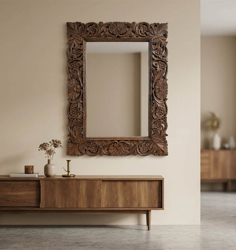 Hand-Carved Solid Wood Wall Mirror with Desert Brown Finish