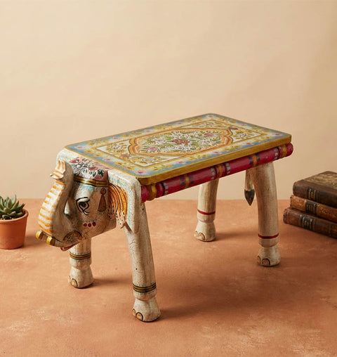 Handcrafted Elephant Bench in Solid Mango Wood with Crackle Finish