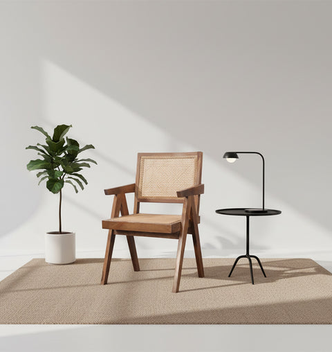 Handcrafted Wooden Chair with Rattan Backrest & Cushion