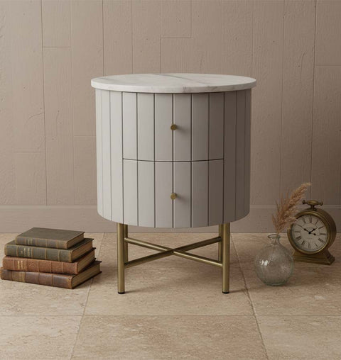 Round Marble Top Side Table with Iron Legs & Dual Drawers