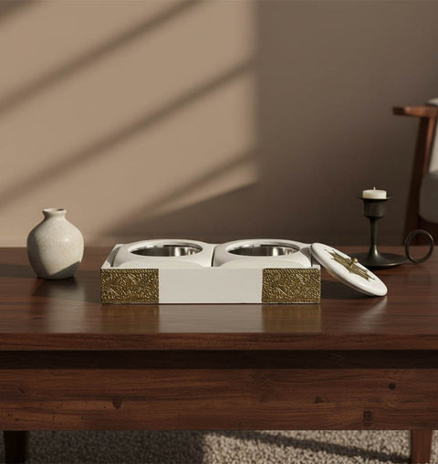 Handcrafted Wooden Brass Dry Fruit Box with 2 Steel Bowl Compartments