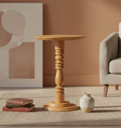 Solid Wood Tall Pedestal Round Side Table