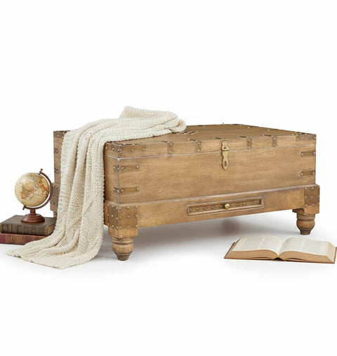 Solid Wood Brass Fitted Storage Trunk Box & 1 Drawer - Simply Home