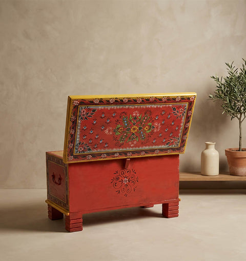 Handcrafted Painted Wooden Storage Trunk with Folk Art