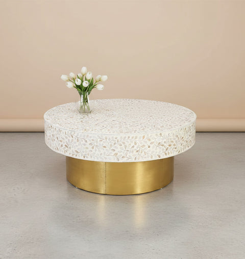 Floral Design Mother of Pearl Round White Coffee Table - Simply Home
