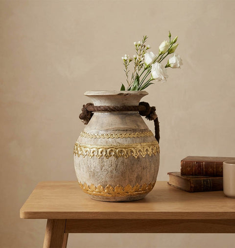 Handcrafted Wooden Pot with Brass Detailing