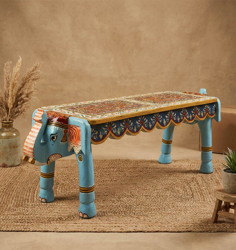 Gajraj Dvaya Handcrafted Double Elephant Wooden Bench