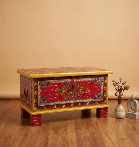 Handcrafted Painted Wooden Storage Trunk with Folk Art