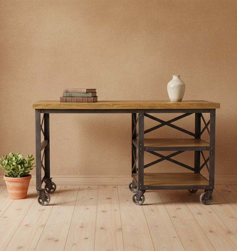Solid Wood Industrial 2 Shelf Writing Table with Wheels